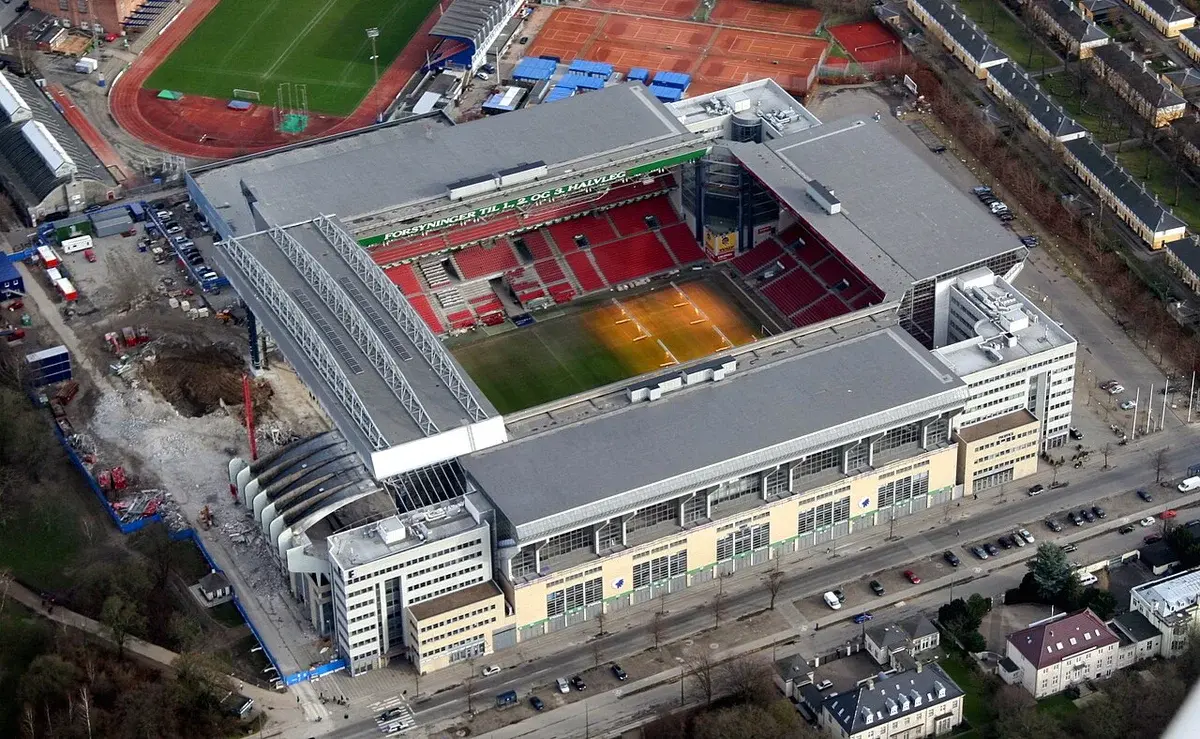 Aerial view of Parken Stadium in Copenhagen.