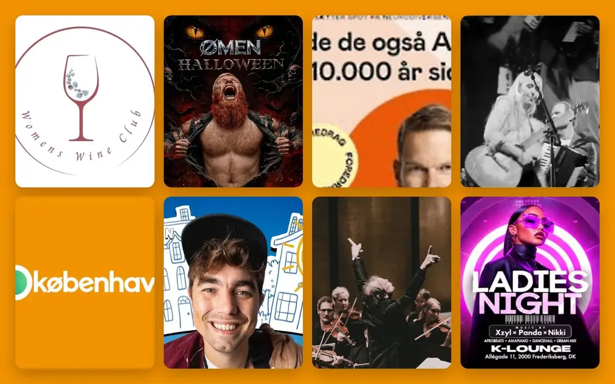 A collage of logos, posters, and performance photos on an orange background.