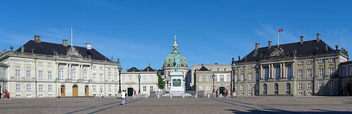 Wide view of Amalienborg Palace and square in Copenhagen.