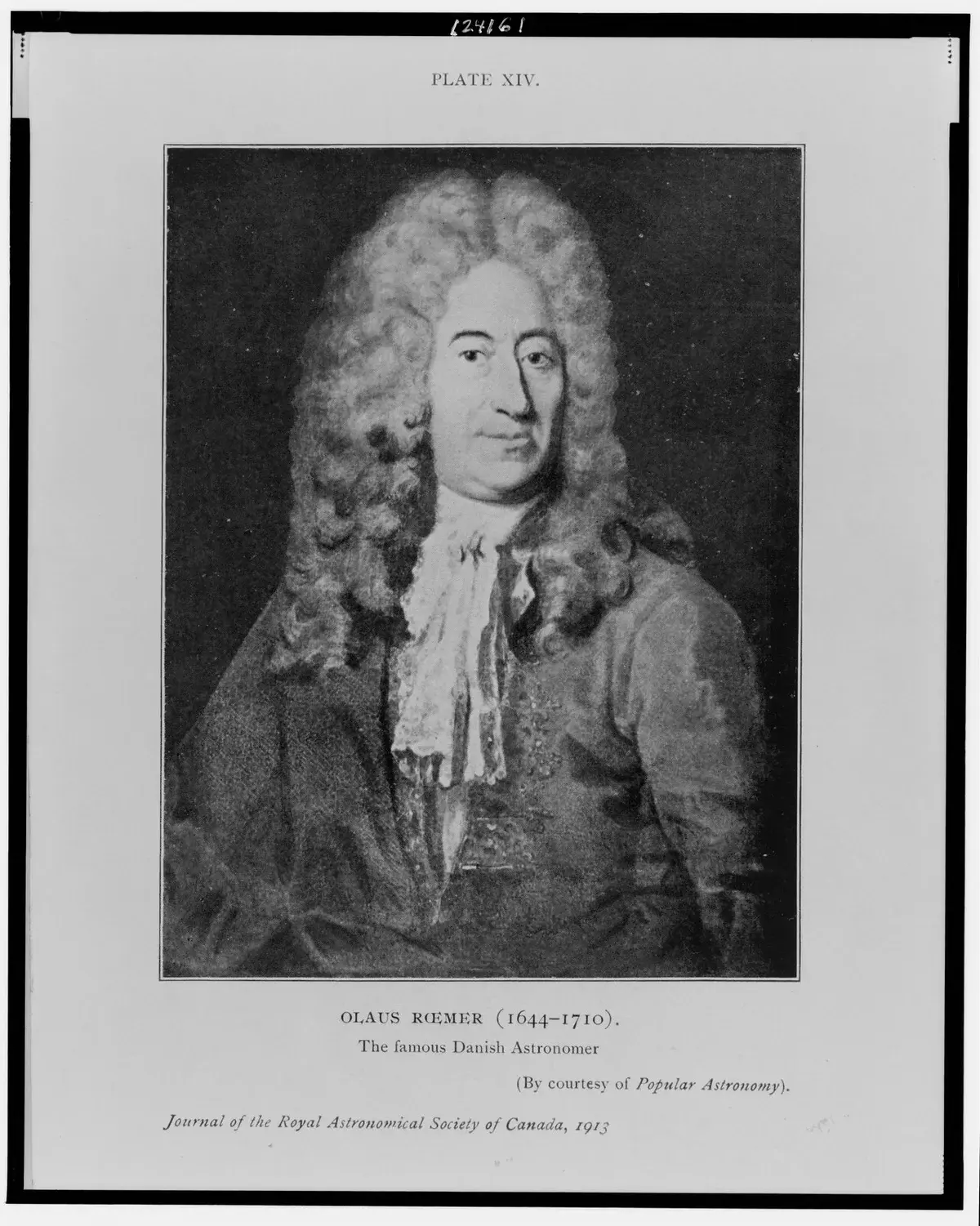 Black and white portrait of Ole Rømer, Danish astronomer, with long curly hair and 17th-century clothing
