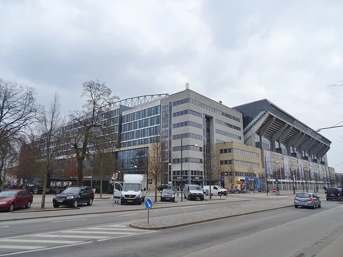 Parken Stadium national football stadium in Copenhagen from street view