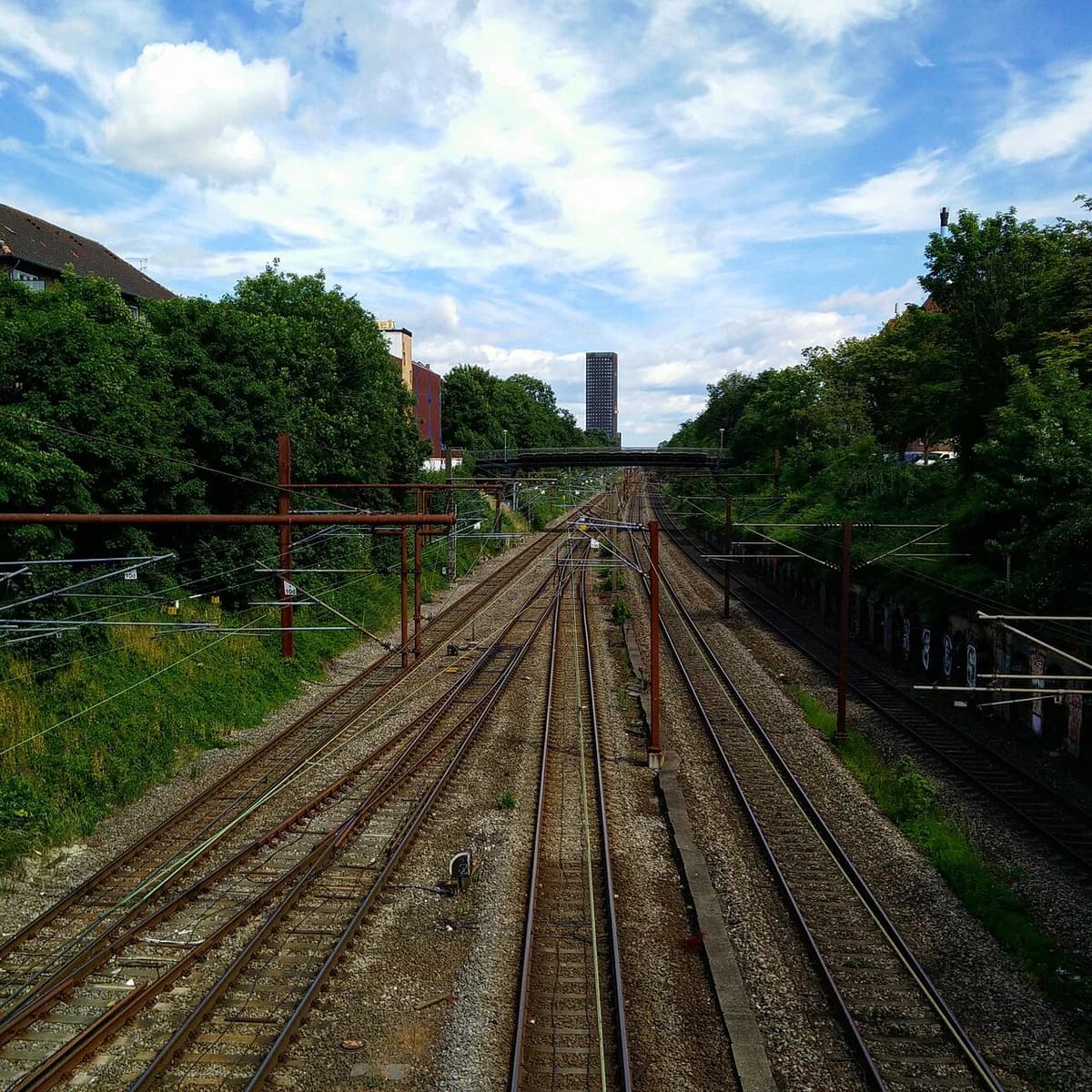 Railway tracks stretching through a green corridor in Copenhagen.