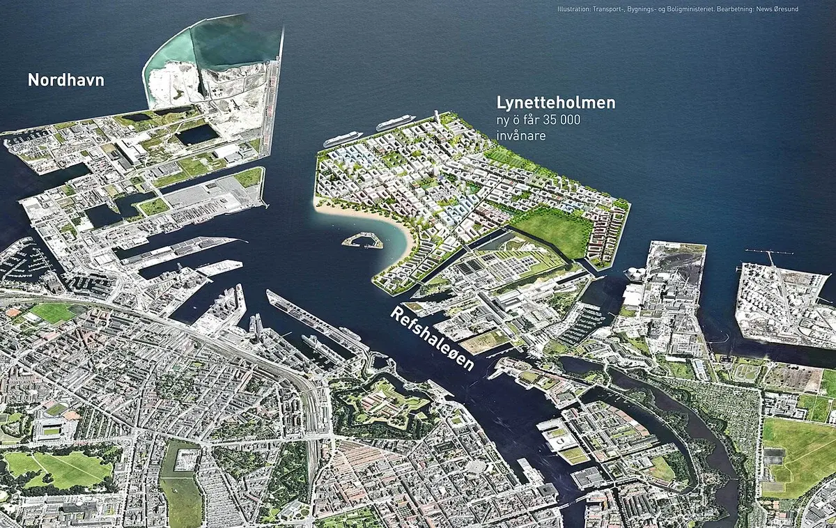 Aerial illustration of the planned Lynetteholmen island and district in Copenhagen.