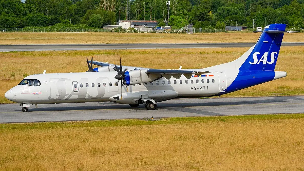 SAS ATR 72-600 aircraft on the ground at Hamburg Airport.