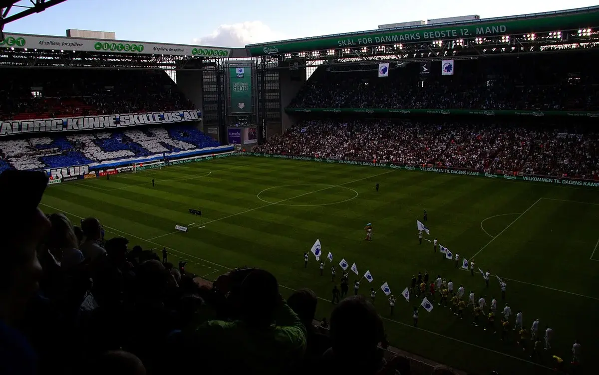A crowded football match in Parken Stadium in Copenhagen.