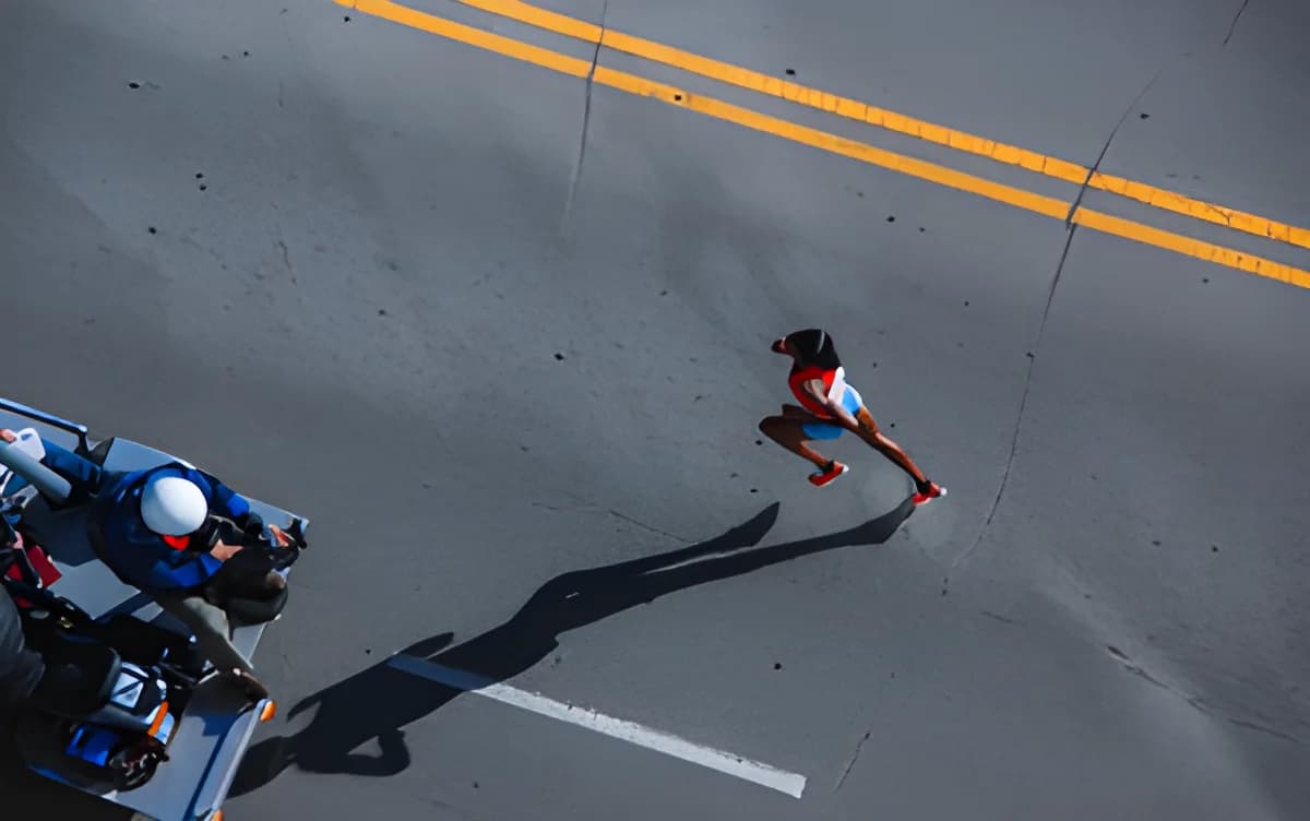 Aerial view of a female marathon runner on a road