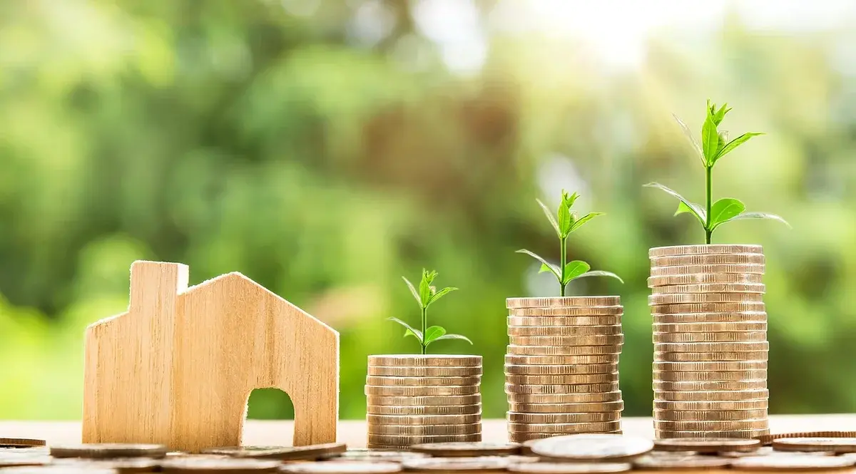 Wooden house icon next to stacks of coins with plants growing from them.