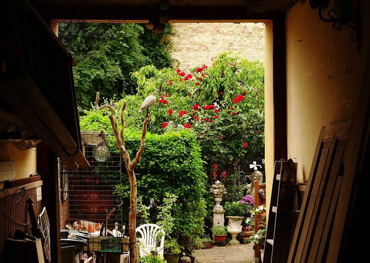 A view through a gate into a lush garden courtyard in Copenhagen.
