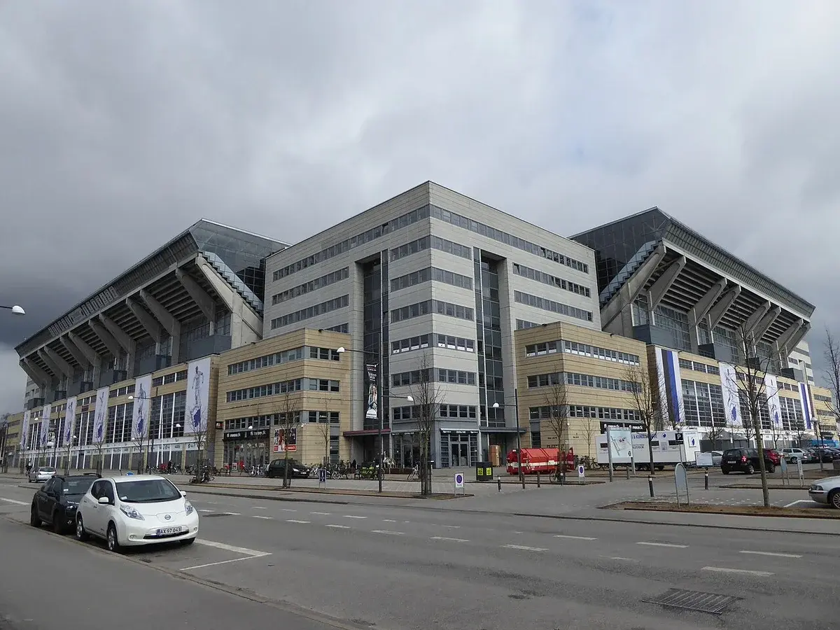 Parken soccer stadium in Copenhagen on a cloudy day.