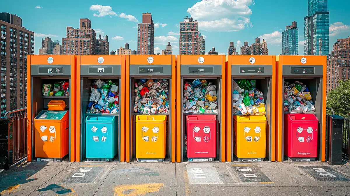 Colorful recycling bins filled with trash in front of city skyscrapers.