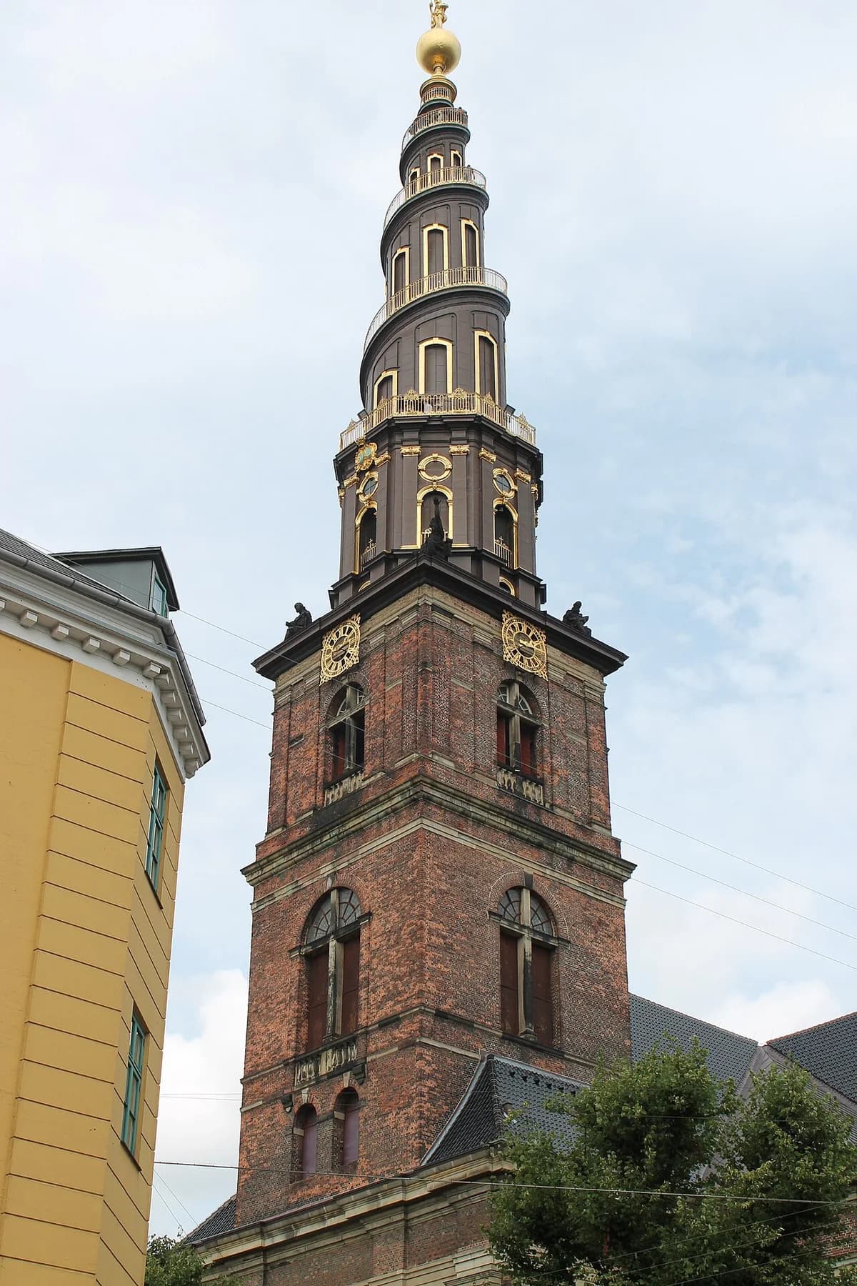 Exterior view of the Church of Our Saviour tower in Copenhagen.