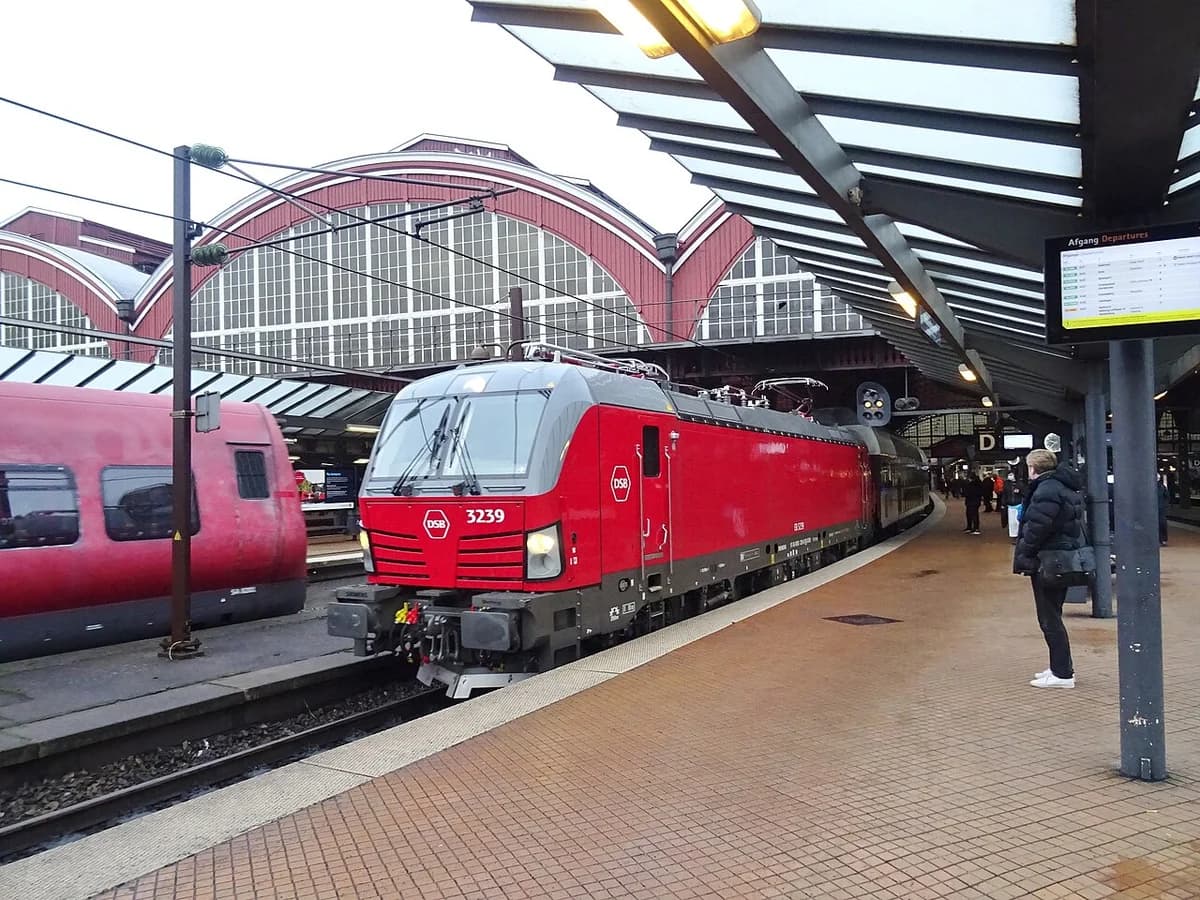 Red DSB train at a platform in Copenhagen Central Station with station roof in background