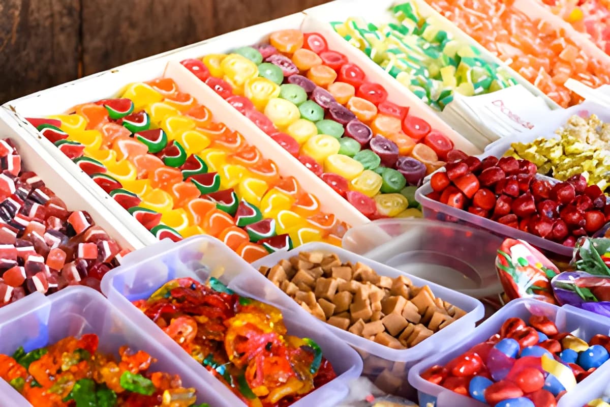 Tray of assorted colorful candies and sweets