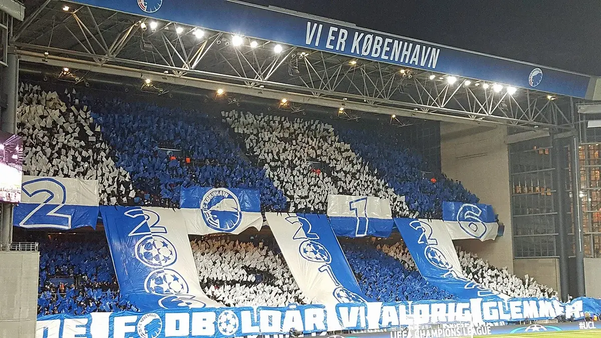 F.C. Copenhagen fans' stadium choreographed display with banners in blue and white