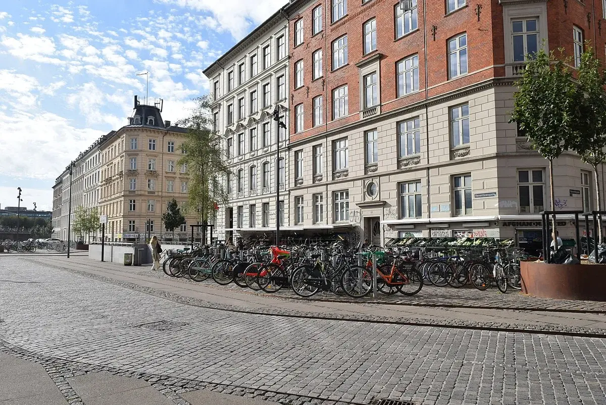 Rows of parked bicycles on a Copenhagen street beside tall buildings.