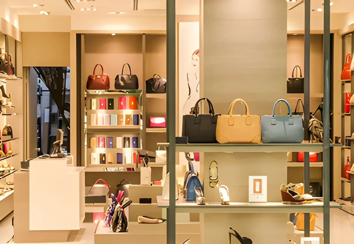 luxury handbags and shoes on display in a store