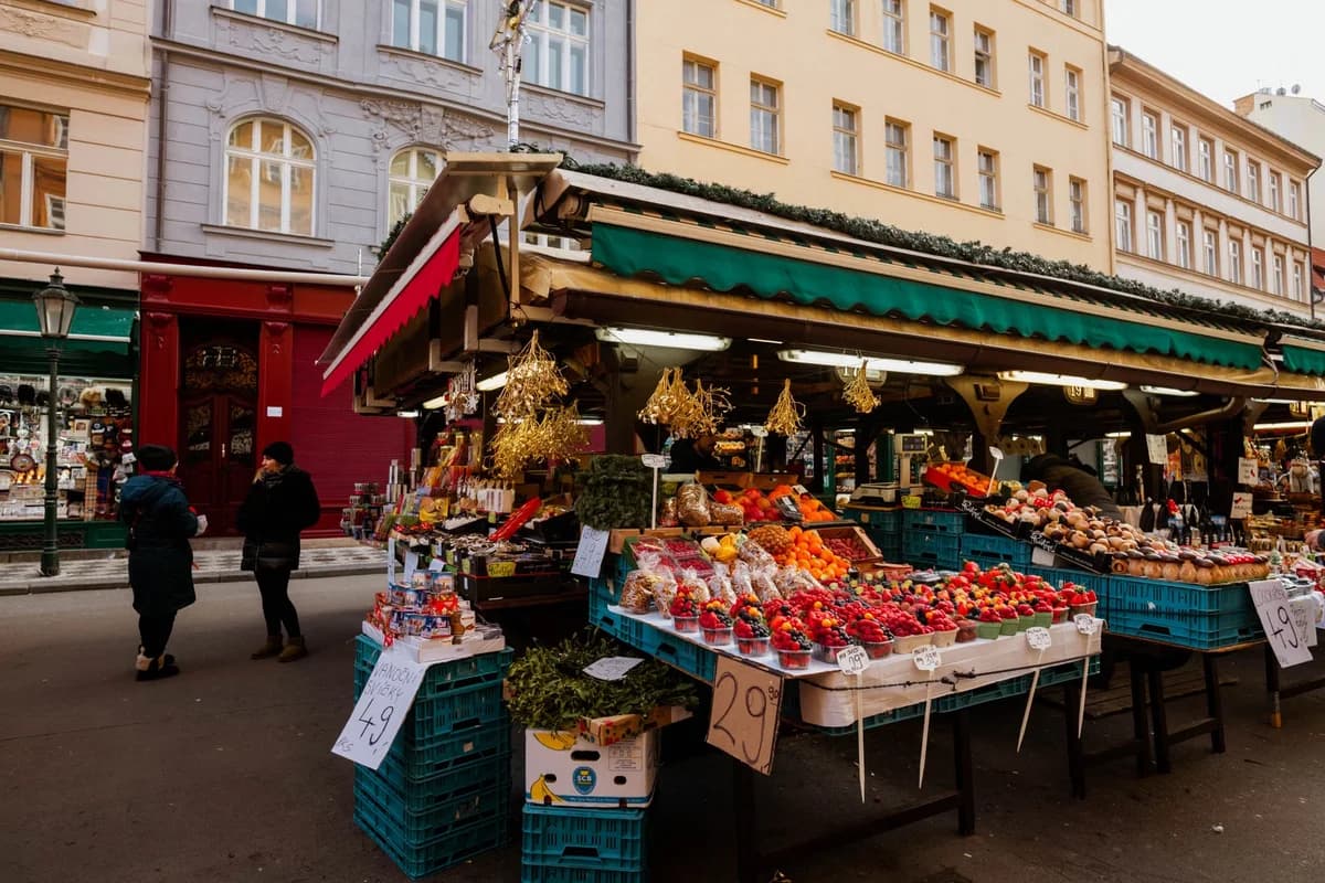 Outdoor market stall with fruit and vegetables on display