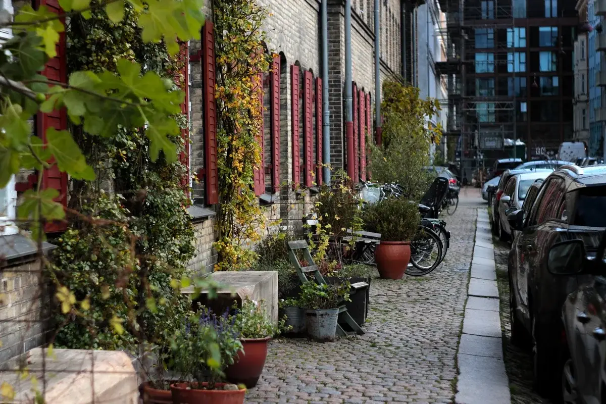 Cobblestone street in Copenhagen with potted plants, bicycles, and parked cars beside traditional buildings.