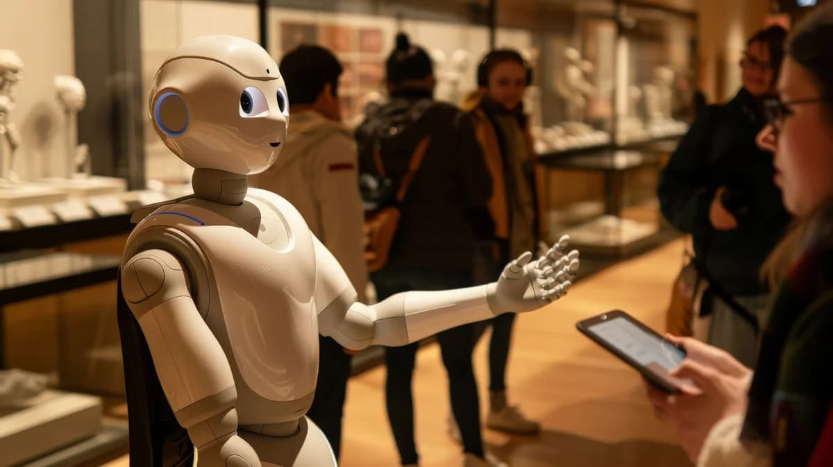 A humanoid robot gestures toward museum visitors in a museum gallery.