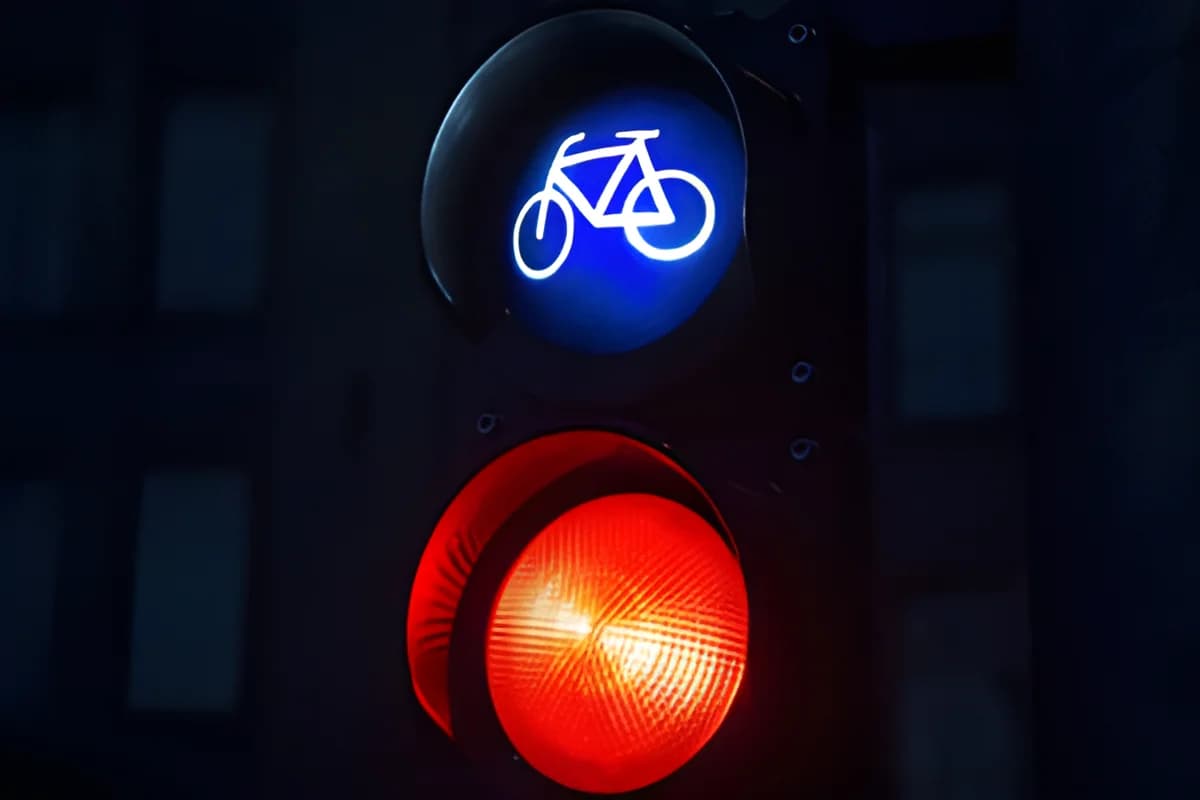 Traffic light with blue bicycle signal and red light