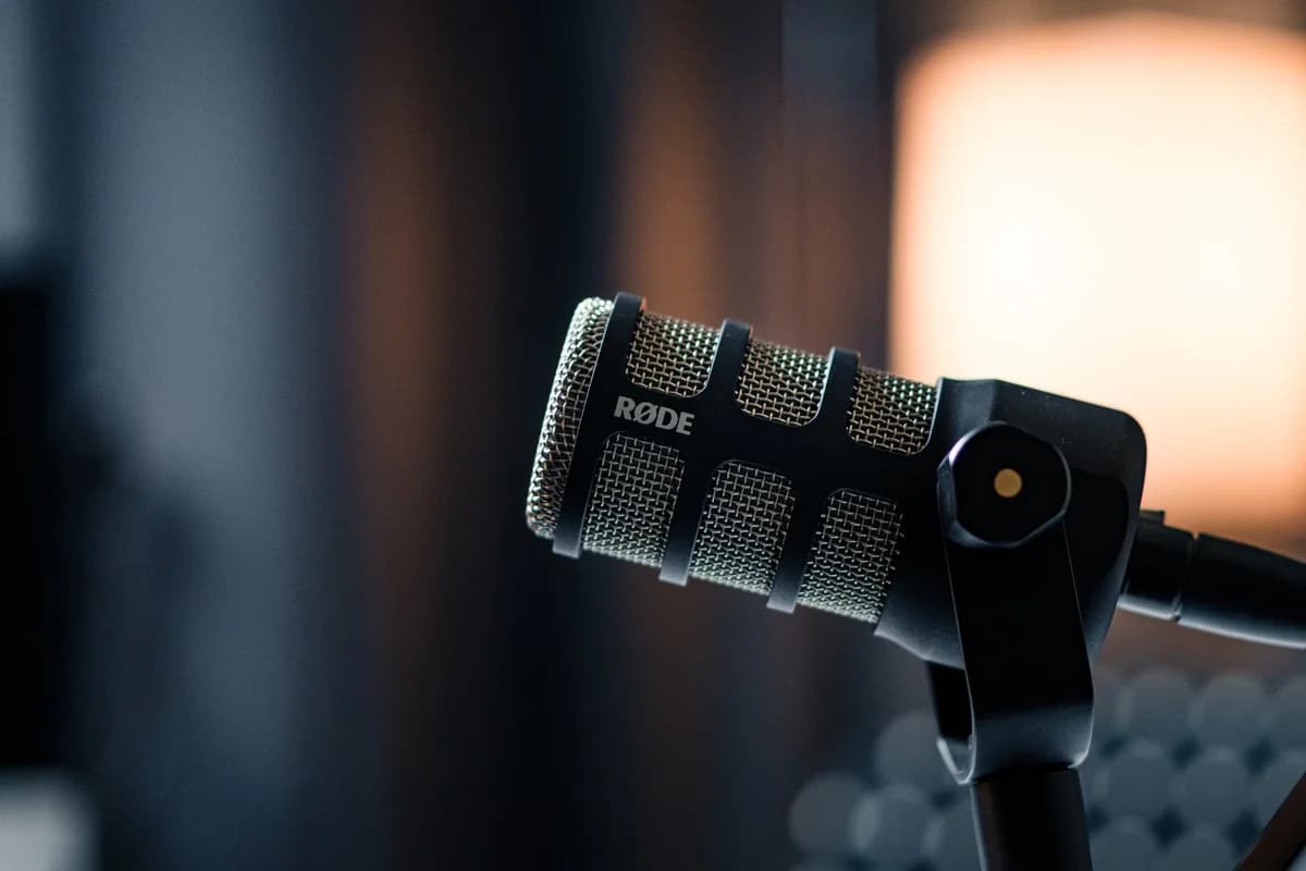 Close-up of a RØDE microphone in a studio