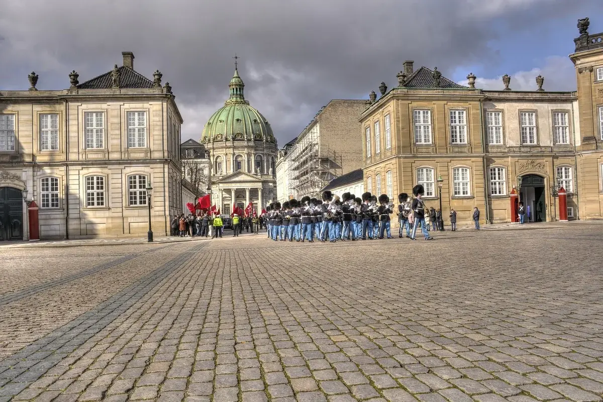 Royal Life Guard during a guard change at Amalienborg Palace in Copenhagen.