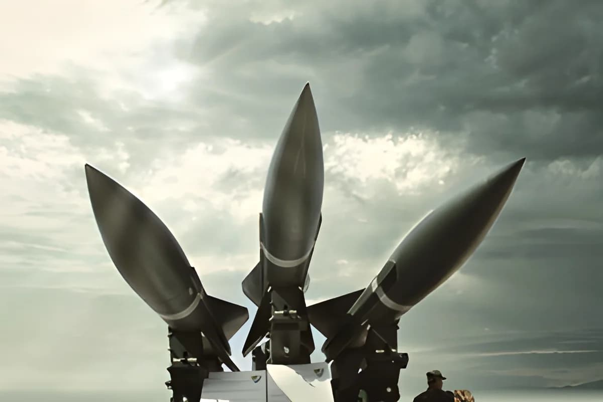 Three large missiles upright with two people nearby under cloudy sky